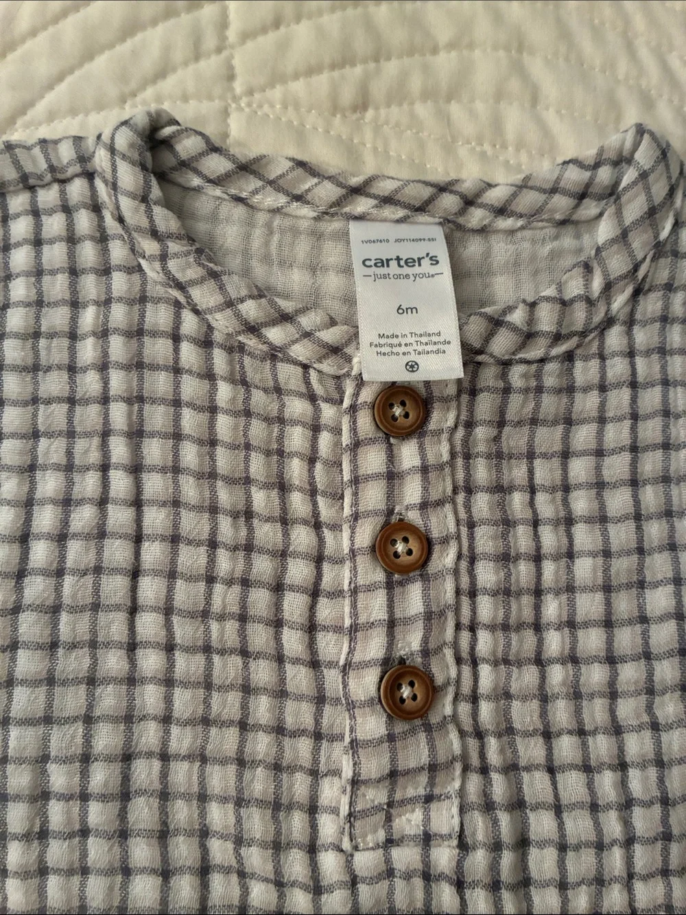 Carter's Cream and Navy Grid Short-Sleeve Romper with Matching Hat